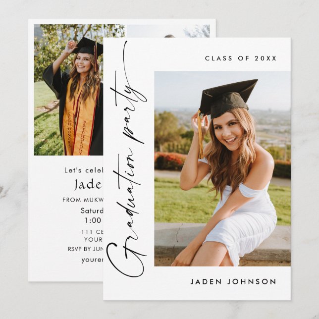Modern Minimalist Grad 4 PHOTO Graduation Party Invitation (Front/Back)