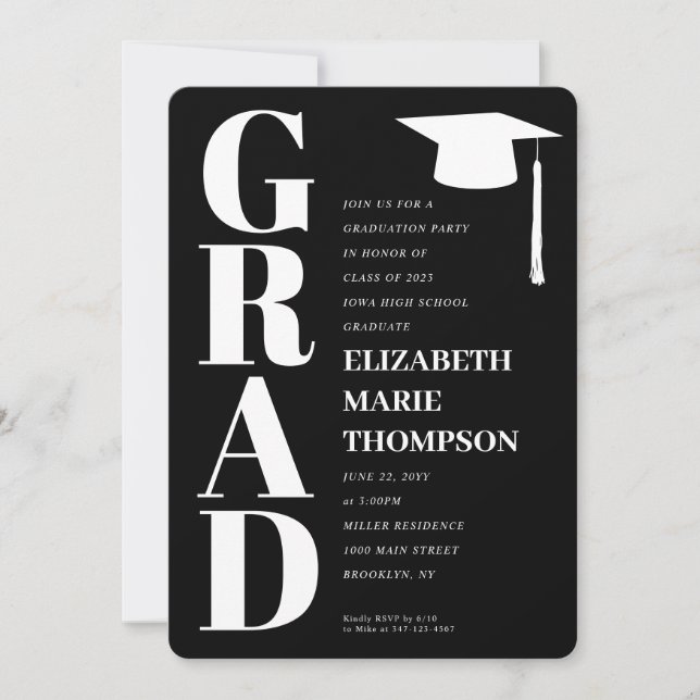 Modern Minimalist GRAD Graduate Graduation Party Invitation (Front)