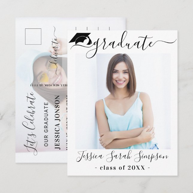 Modern Minimalist Graduation Party 2 PHOTO Announcement Postcard (Front/Back)