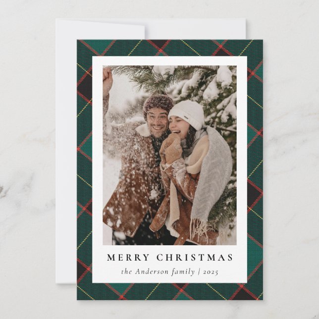 Modern Minimalist Green Christmas Family Photo Holiday Card (Front)