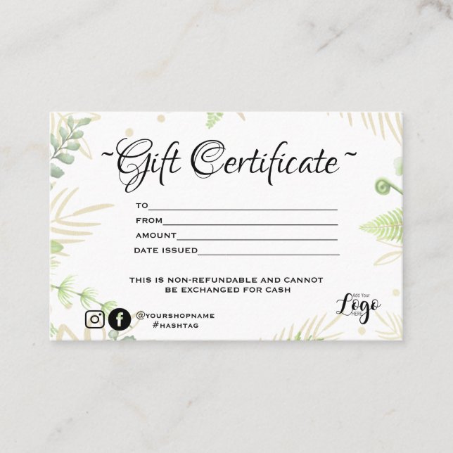 Modern minimalist green fern  Gift certificate (Front)