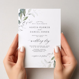 Modern minimalist green leaf wedding invitation