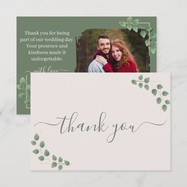 Modern Minimalist Green Leave Frame Wedding Thank You Card (Front/Back)