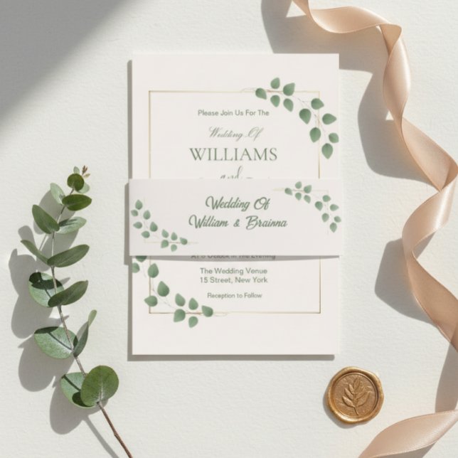 Modern Minimalist Green Leave Wedding Invitation Belly Band (Creator Uploaded)