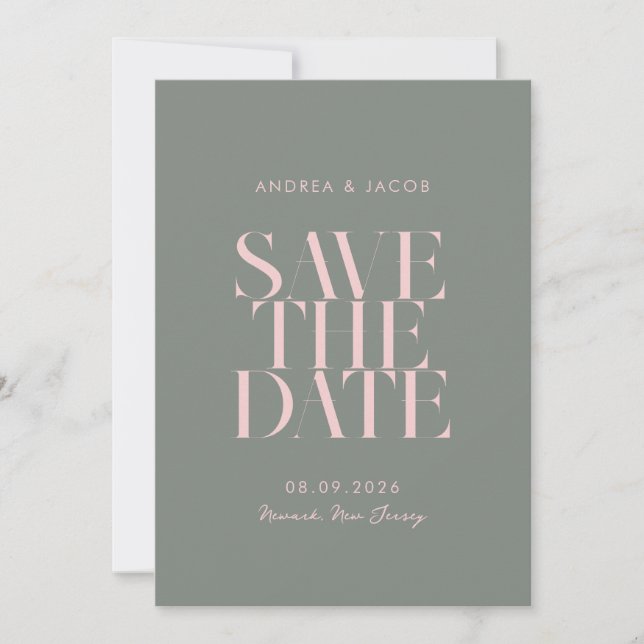 Modern Minimalist Green Pink Chic Wedding Save The Date (Front)