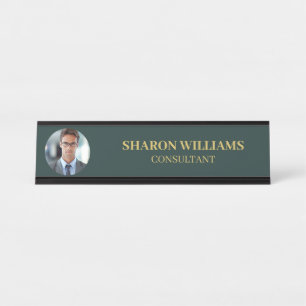 Modern Minimalist Green Professional Custom Photo Desk Name Plate