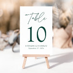 Modern Minimalist Green Script Wedding Table Number<br><div class="desc">Elegant wedding table number card displaying the word "Table" in a green handwritten script with the table number, your names, and wedding date shown below with a white background. The design repeats on the back. To order the table number cards, simply type each number and add it to your cart....</div>