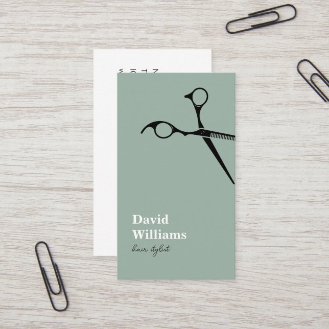 Modern Minimalist Green White Hair Stylist Business Card (Front/Back In Situ)