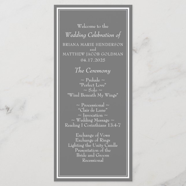 Modern Minimalist Grey Wedding Programme (Front)