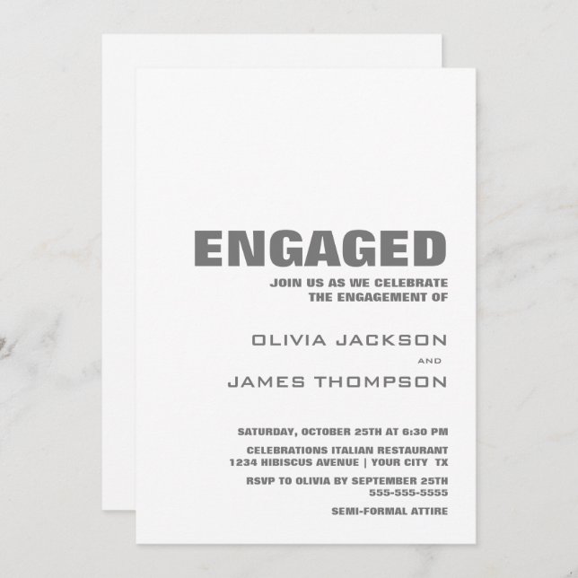 Modern Minimalist Grey White Engagement Party Invitation (Front/Back)