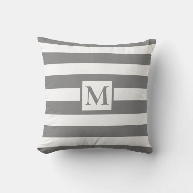 Modern minimalist Grey white strips monogram Cushion (Front)