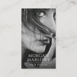 Modern Minimalist Hair Stylist Black White Photo   Business Card