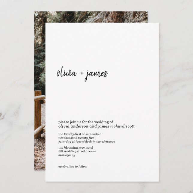 Modern Minimalist Handwriting Script Photo Wedding Invitation (Front/Back)