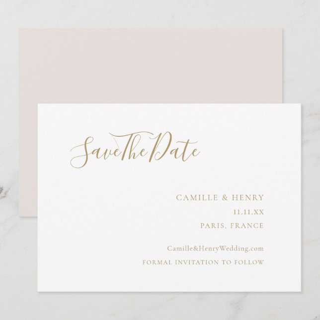 Modern Minimalist Handwritten Gold White Wedding Save The Date (Front/Back)
