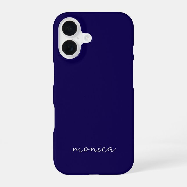 Modern Minimalist Handwritten Script Dark Blue iPhone 16 Case (Back)