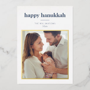 Modern Minimalist Hanukkah Photo Letter Gold Foil Holiday Card