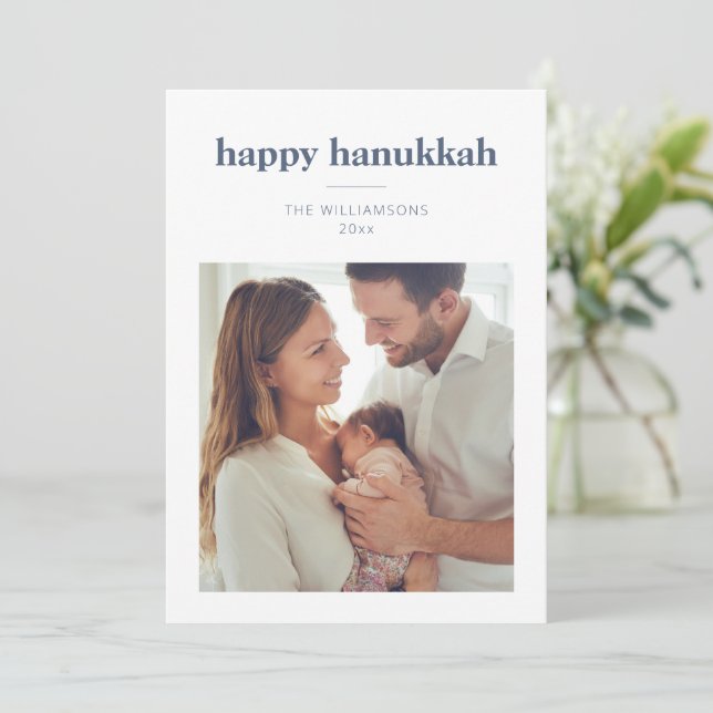 Modern Minimalist Hanukkah Photo Letter Message Holiday Card (Standing Front)