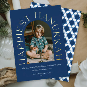 Modern Minimalist Happiest Hanukkah Arc Photo Foil Foil Holiday Card