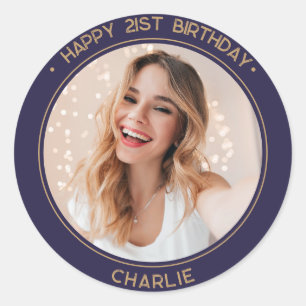 Modern Minimalist Happy 21st Birthday Photo Gold Classic Round Sticker