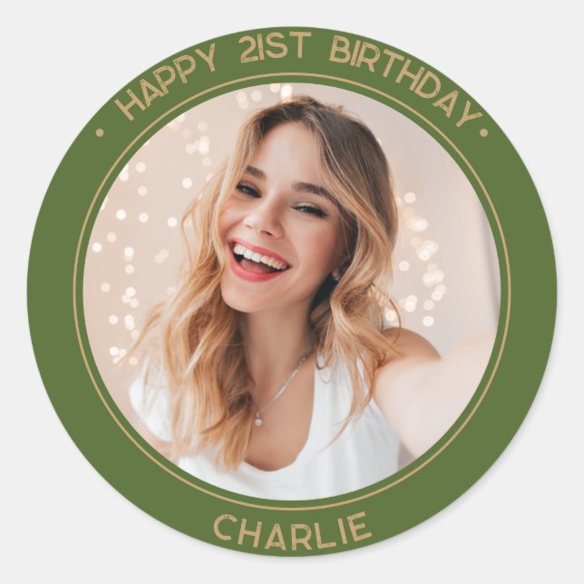Modern Minimalist Happy 21st Birthday Photo Gold Classic Round Sticker (Front)