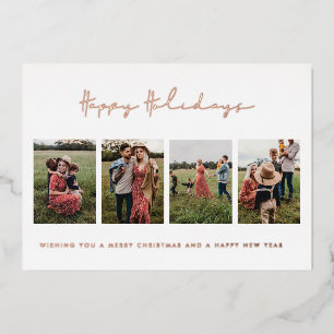 Modern Minimalist Happy Holidays 4 Photo Collage Foil Holiday Card