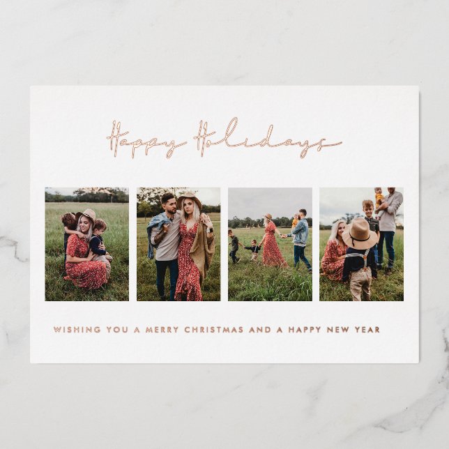 Modern Minimalist Happy Holidays 4 Photo Collage Foil Holiday Card (Front)