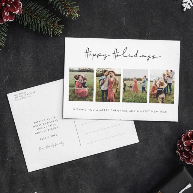 Modern Minimalist Happy Holidays 4 Photo Collage Holiday Postcard (Creator Uploaded)