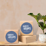 Modern Minimalist Happy Holidays Simple Blue Name  Classic Round Sticker<br><div class="desc">Modern Minimalist Happy Holidays Simple Blue Name Classic Round Sticker</div>