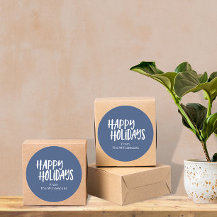 Modern Minimalist Happy Holidays Simple Blue Name Classic Round Sticker