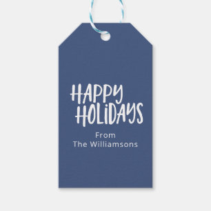 Modern Minimalist Happy Holidays Simple Blue Name  Gift Tags