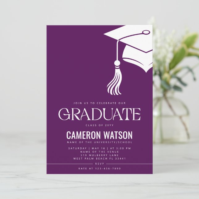 Modern Minimalist Hat and Tassel Graduation Party Invitation (Standing Front)