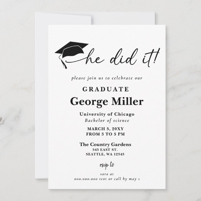 Modern Minimalist he Did It Graduation Invitation (Front)