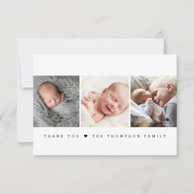 Modern Minimalist heart Newborn Photo Collage  Thank You Card (Front)