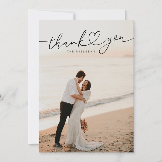 Modern Minimalist Heart Script Wedding Thank You Card (Front)