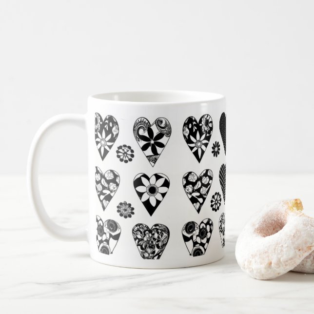 Modern Minimalist Hearts & Flowers Black & White Coffee Mug (With Donut)