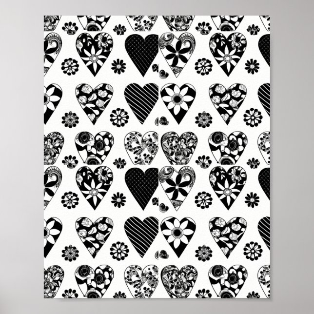 Modern Minimalist Hearts & Flowers Black & White Poster (Front)