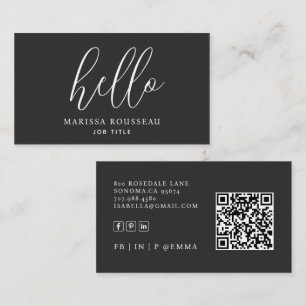 Modern Minimalist Hello QR Code Black Business Card