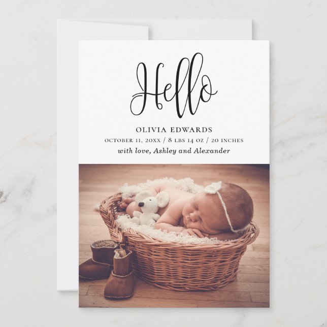 Modern Minimalist Hello Script. Newborn Photo Baby Announcement (Front)