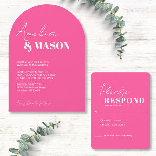 Modern Minimalist Hot Pink and White Arch Wedding Invitation