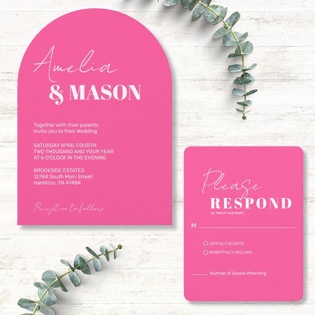 Modern Minimalist Hot Pink and White Arch Wedding Invitation (Modern Minimalist Hot Pink and White Arch Wedding Invitation Shown with RSVP sold separately )