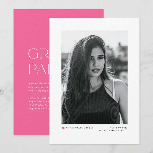 Modern Minimalist Hot Pink Photo Graduation Announcement (Front/Back)
