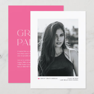 Modern Minimalist Hot Pink Photo Graduation Announcement
