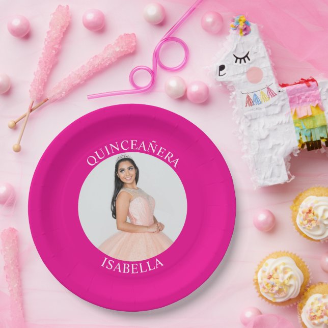 Modern Minimalist Hot Pink Quinceañera Photo Paper Plate (Party)