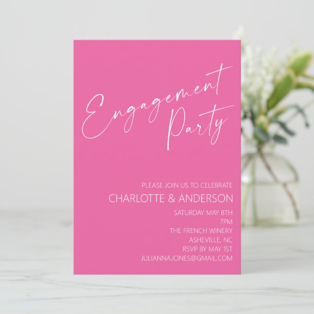 Modern Minimalist Hot Pink Script Engagement Party Invitation (Standing Front)