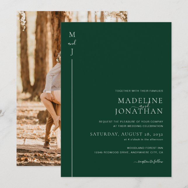 Modern Minimalist Initial Green Photo Wedding Invitation (Front/Back)