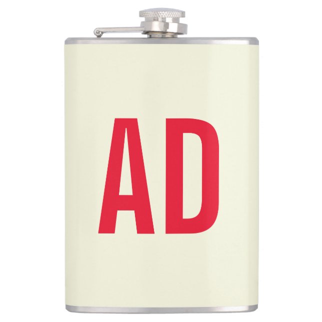 Modern Minimalist Initials Red Monogram Beige Hip Flask (Front)