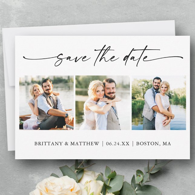 Modern Minimalist Ink Pen Script 3 Photo Save The Date (Customize to change your personalized text size or text style.)