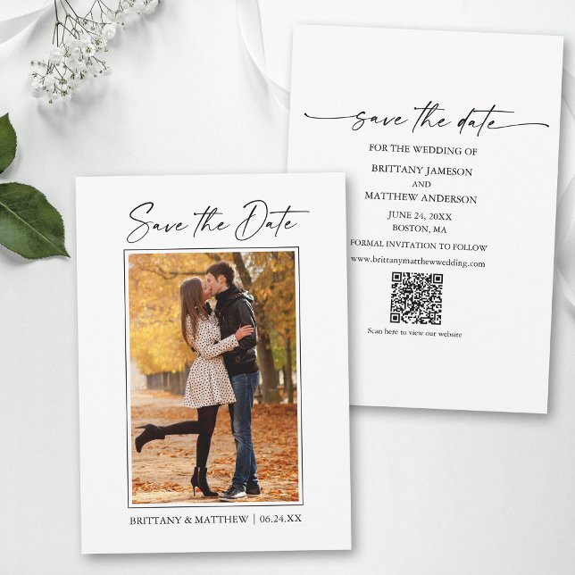 Modern Minimalist Ink Pen Script Photo QR Code Save The Date (Add your wedding website or social media web address to the QR Scan Code.)