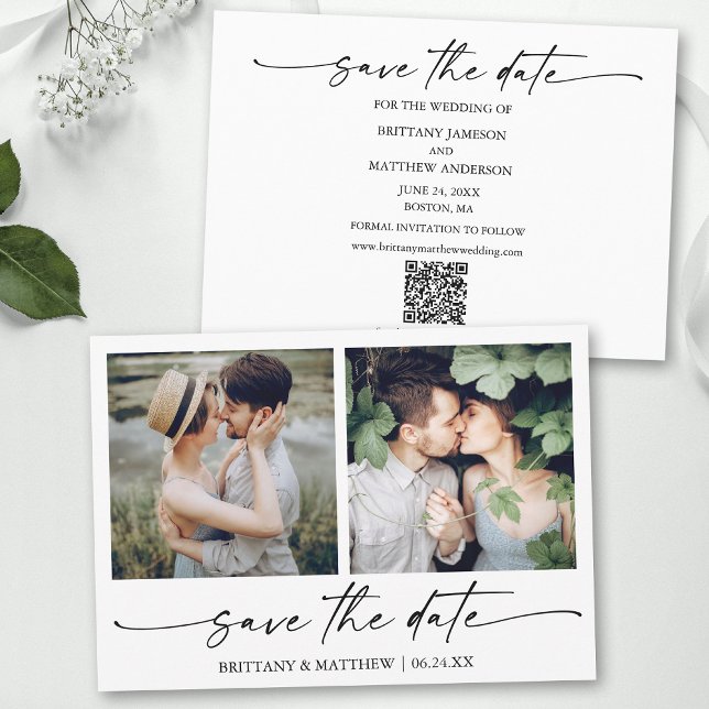 Modern Minimalist Ink Script 2 Photo QR Code Save The Date (Add your wedding website or social media web address to the QR Scan Code.)