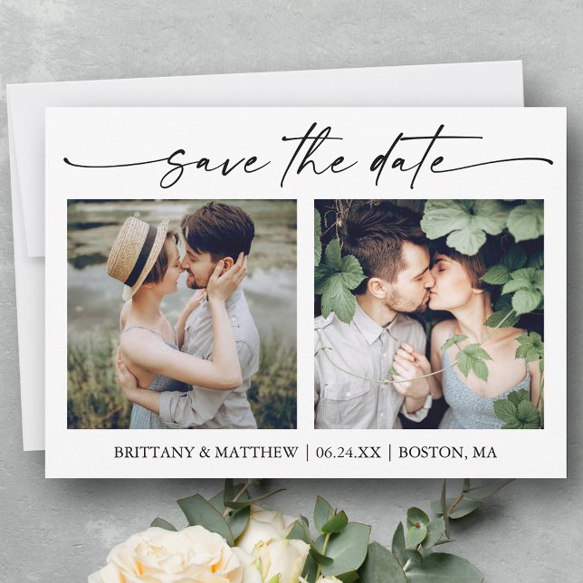 Modern Minimalist Ink Script 2 Photos Save The Date (Customize to change your personalized text size or text style.)